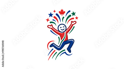 Joyful Icon Celebrating with Fireworks and Canadian Elements