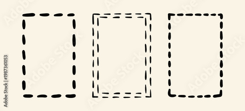 Hand drawn dashed geometric frames. Vector illustration. Minimalist decorative borders for greeting cards and invitations