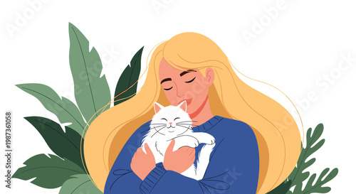 Young woman with long blonde hair tenderly hugs her fluffy white cat surrounded by large tropical green leaves.