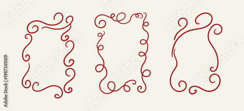 Set of hand drawn whimsical and quirky frames. Vector line illustration of vintage coquette curly borders. Cliparts for romantic and valentines designs