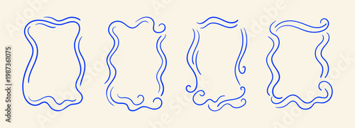 Set of hand drawn decorative frames with wavy lines. Whimsical vintage vector line illustration. Summer quirky ocean waves