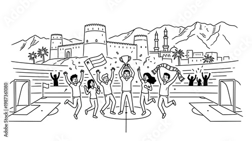 Football Team Celebrates Victory in Front of Fort