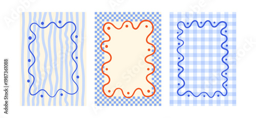 Cuadro en lienzo Set of greeting card templates with hand drawn wavy frames on checkered and striped backgrounds