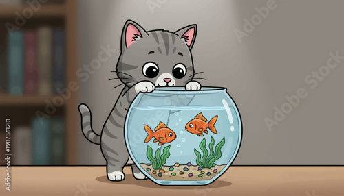 Curious Kitten Gazing at Goldfish in a Bowl.
