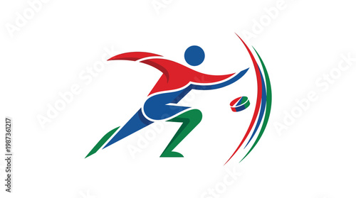 Abstract Rugby Player Logo with Ball and Streamers