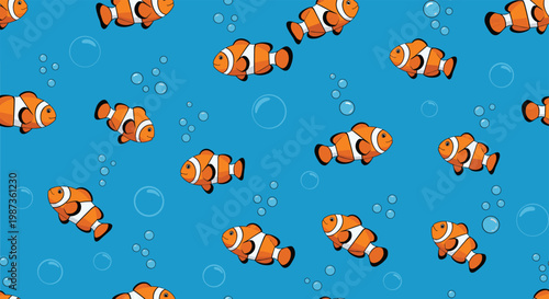 Vibrant seamless pattern of orange clownfish swimming among blue bubbles in a bright clear ocean water background.
