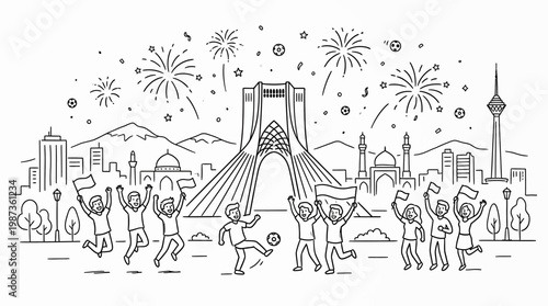 People Celebrating Iran's Victory with Fireworks and Landmarks