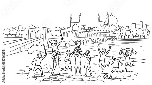 Soccer Team Celebrates Victory with Trophy at Historical Landmark