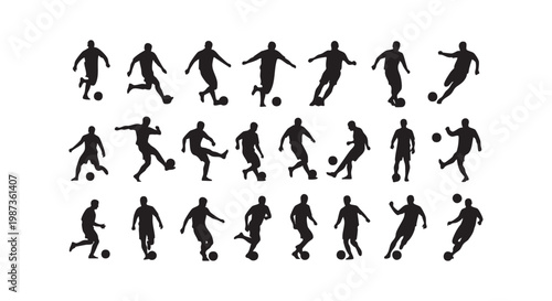 Soccer player silhouette collection isolated on white background with various action poses and athletes playing football.