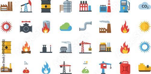 Energy and industry vector icon set with oil gas factory power plant pollution fire and environmental elements flat illustration collection isolated design