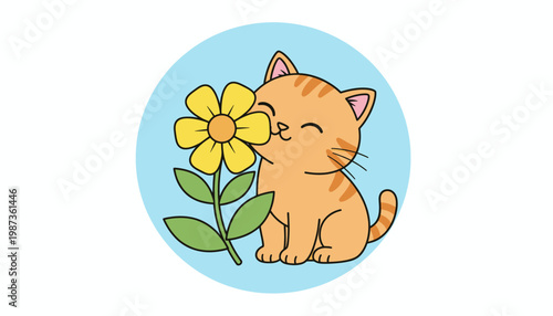 Cute Cartoon Cat Smelling a Yellow Flower.