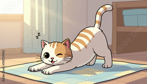 Cute cartoon cat stretching on a mat in a cozy room.