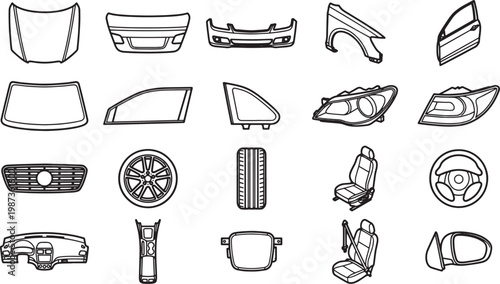 Car parts arranged in an organized grid, illustrating essential components of automobile.
