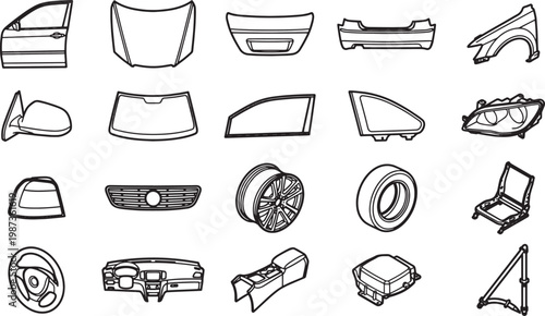 Car components isolated on a white backdrop, ideal for automotive-related design, with distinct black outlines, this image offers a detailed illustration of car parts.
