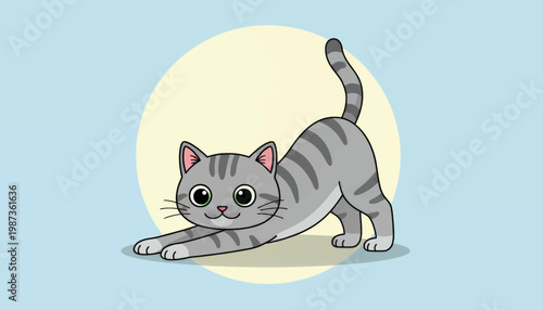 Cute Gray Striped Cat Stretching Playfully on a Light Blue Background.