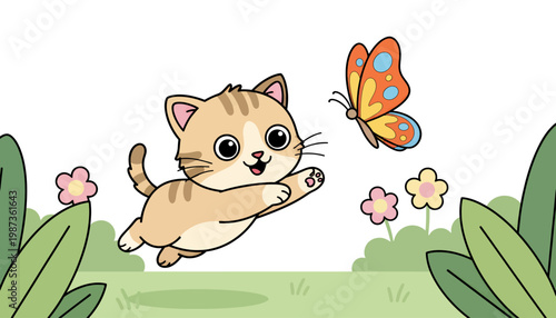 Cute kitten playing with a butterfly in a vibrant garden scene.