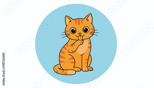 Cute orange cat licking paw in a blue circle.