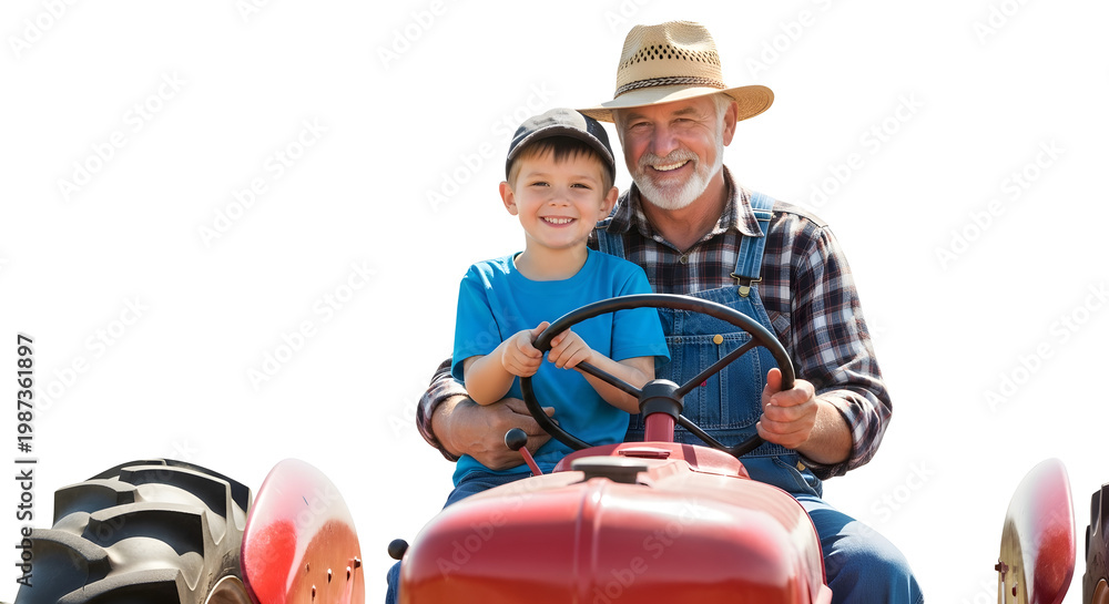 Fototapeta premium A smiling old man and a young boy sitting on a red tractor together.