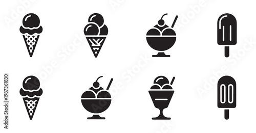 Ice Cream and Frozen Dessert Icons in Black Silhouette Style