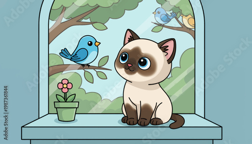 Cute Siamese kitten observing a blue bird on a branch outside a window.