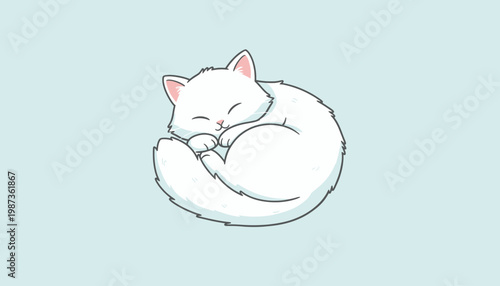 Cute White Cat Sleeping Peacefully Curled Up on a Light Blue Background.