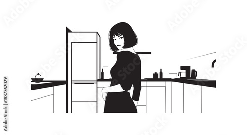 Stylish woman with bob haircut in kitchen, looking back, noir style illustration.