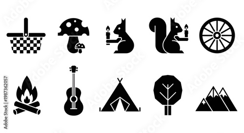 Collection of black silhouette icons for camping and outdoor adventure activities and symbols