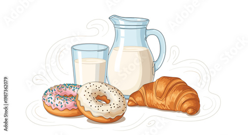 Delicious breakfast scene featuring glazed donuts, a buttery croissant, and a glass and pitcher of fresh white milk.