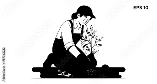 Person Planting Young Tree Sapling Vector Illustration