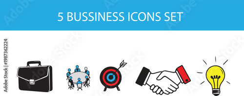 Five business icons set briefcase meeting target handshake light bulb for corporate strategy.