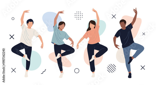 Group of diverse people in active dance poses set against background of abstract shapes and geometric patterns for energy.