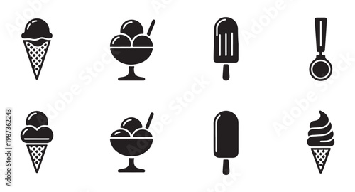 Ice Cream Shop Icons with Scoop and Various Desserts