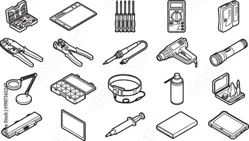 A comprehensive isometric illustration showcases a variety of electronic repair tools, perfect for illustrating the precision and technical expertise required for this specialized field.