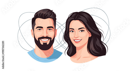 Detailed portrait of smiling young man with beard and woman with long dark hair set against grey scribbled line background.