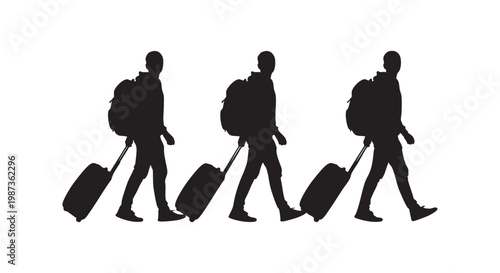 Three black silhouette of walking men with travel backpack and suitcase on white background, group of travelers, tourism concept.