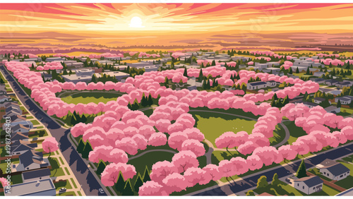 Aerial View of Suburban Neighborhood with Cherry Blossom Lined Streets, Sunrise