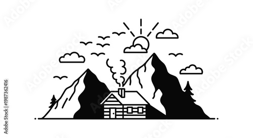 Scenic black and white illustration of cozy log cabin at the foot of tall mountains with smoking chimney and bright sun.