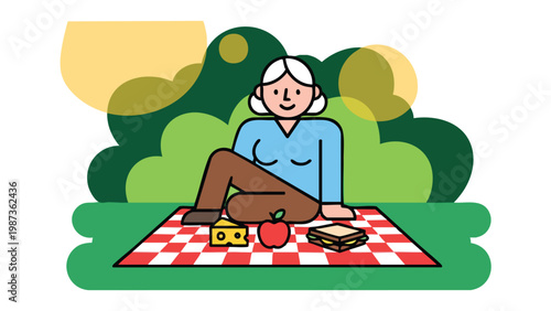 Senior woman enjoying a picnic lunch in park, outdoor leisure activity, healthy lifestyle concept