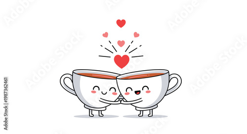 Adorable cartoon coffee cups clinking together with smiling faces and floating red hearts symbolizing love and friendship.