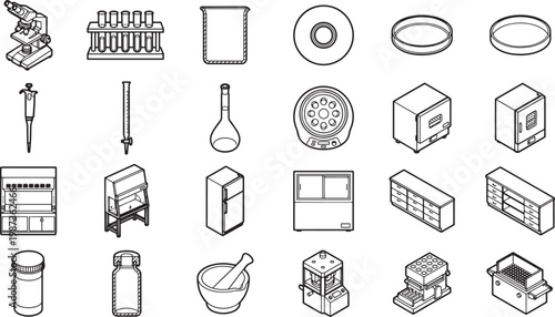 Array of Various Laboratory Equipment, a detailed, black and white illustration of assorted lab apparatus. 