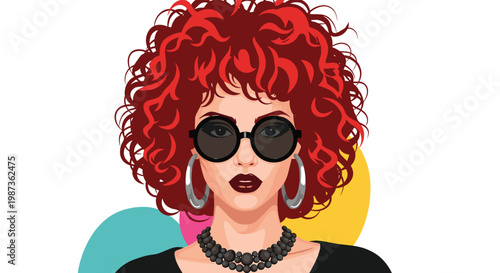 Trendy woman with voluminous red curly hair wearing large black sunglasses and a bold necklace in a stylish portrait.