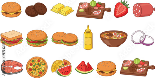 Food variety vector set with burgers sandwiches pizza sushi meat fruits sauces and snacks colorful flat illustration collection isolated for menu and restaurant design
