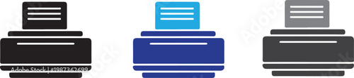 Three printer icons, black, blue and gray colors, representing office equipment and document printing.