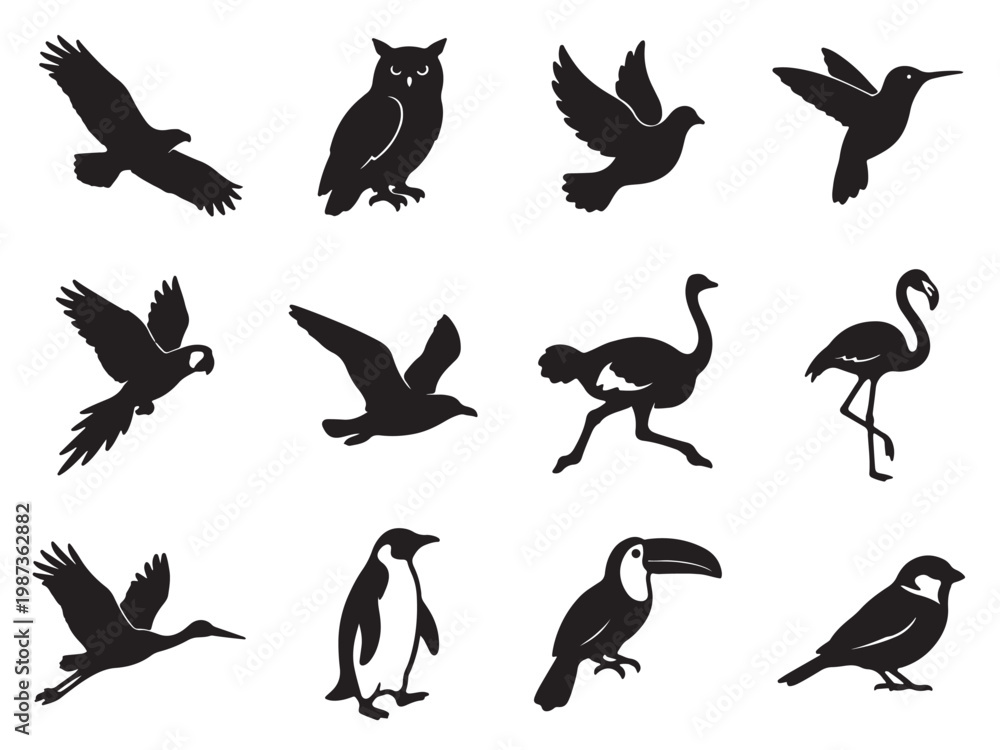 Fototapeta premium Flat Solid Black Silhouette Icon Set of 12 Wild Birds illustration on Pure White Background