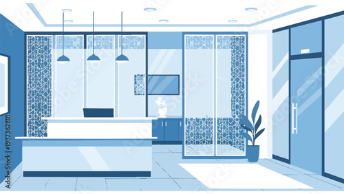 Modern Office Reception Area Design, Corporate Lobby Interior, Business Welcome Desk