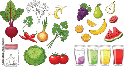 Fresh fruits and vegetables vector set with herbs spices juice glasses and organic ingredients colorful hand drawn illustration isolated for healthy food design
