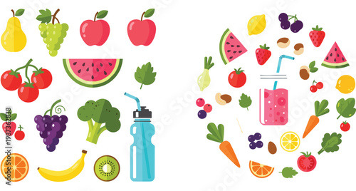 Healthy fruits and vegetables vector set with juice bottle smoothie ingredients and fresh organic food elements colorful flat illustration isolated for nutrition design