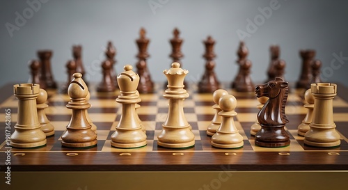 Closeup of chess pieces on a chessboard with light and dark wooden pieces