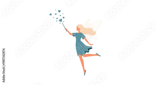 Magical fairy woman with wings wearing a blue dress and holding a magic wand that sparkles with small blue heart shapes.