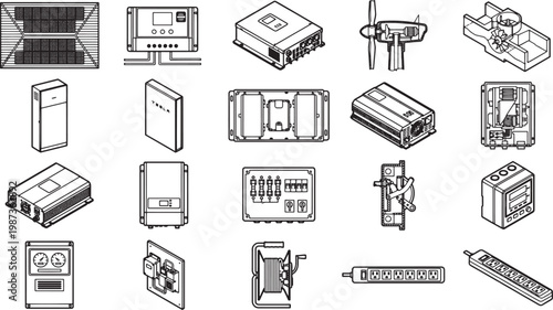 Collection of eco-friendly electrical components, meticulously rendered with crisp detail in a high-angle shot.